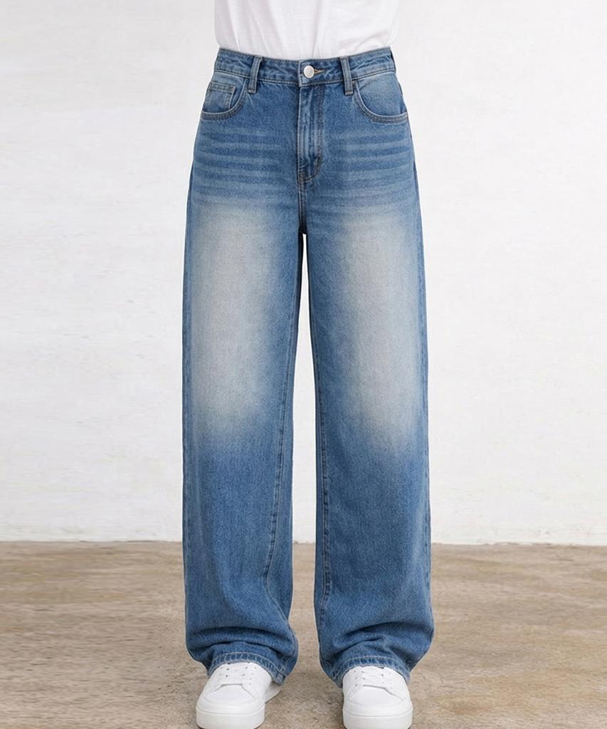 Jikeulib Secret Elastic Waist Vintage Washed Wide Straight Denim Pants 4 Colors (Type A)
