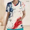 Women Plus Size V Neck Short Sleeve American Flag Printed Nurse Scrub Top With Front Pockets