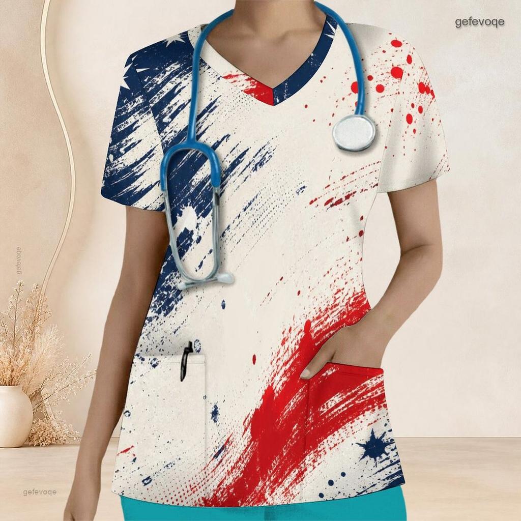 Women Plus Size V Neck Short Sleeve American Flag Printed Nurse Scrub Top With Front Pockets