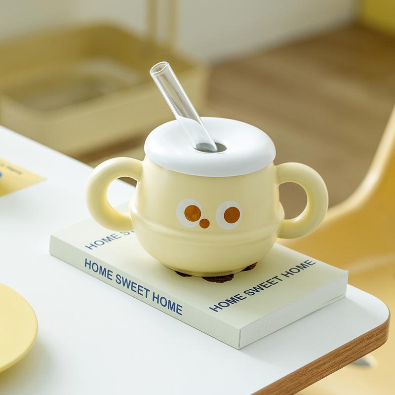 Ceramic mug with lid Student office Double handle Straw cup Expression ins Ceramic cup office