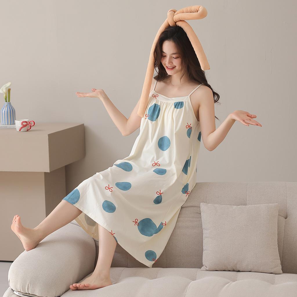 Pajamas women's summer with chest pads, suspenders, pure cotton women's summer pink rhyme sexy pajamas medium and long women's 1011 new models