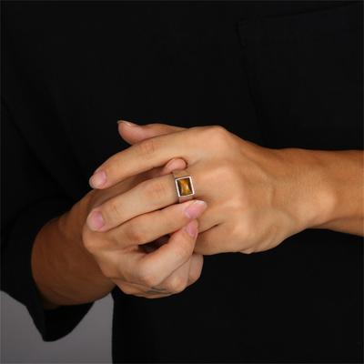 Retro Classic Alloy Tiger Eye Stone Ring Square Coffee Color Stone Men Ring  Jewelry Trend Accessories