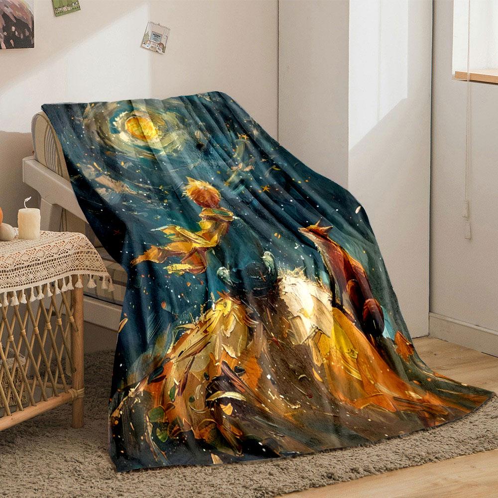 Swirling galaxy with golden moon, boy in scarf, and fox on a hill. for all seasons blanket lunch break throw gift