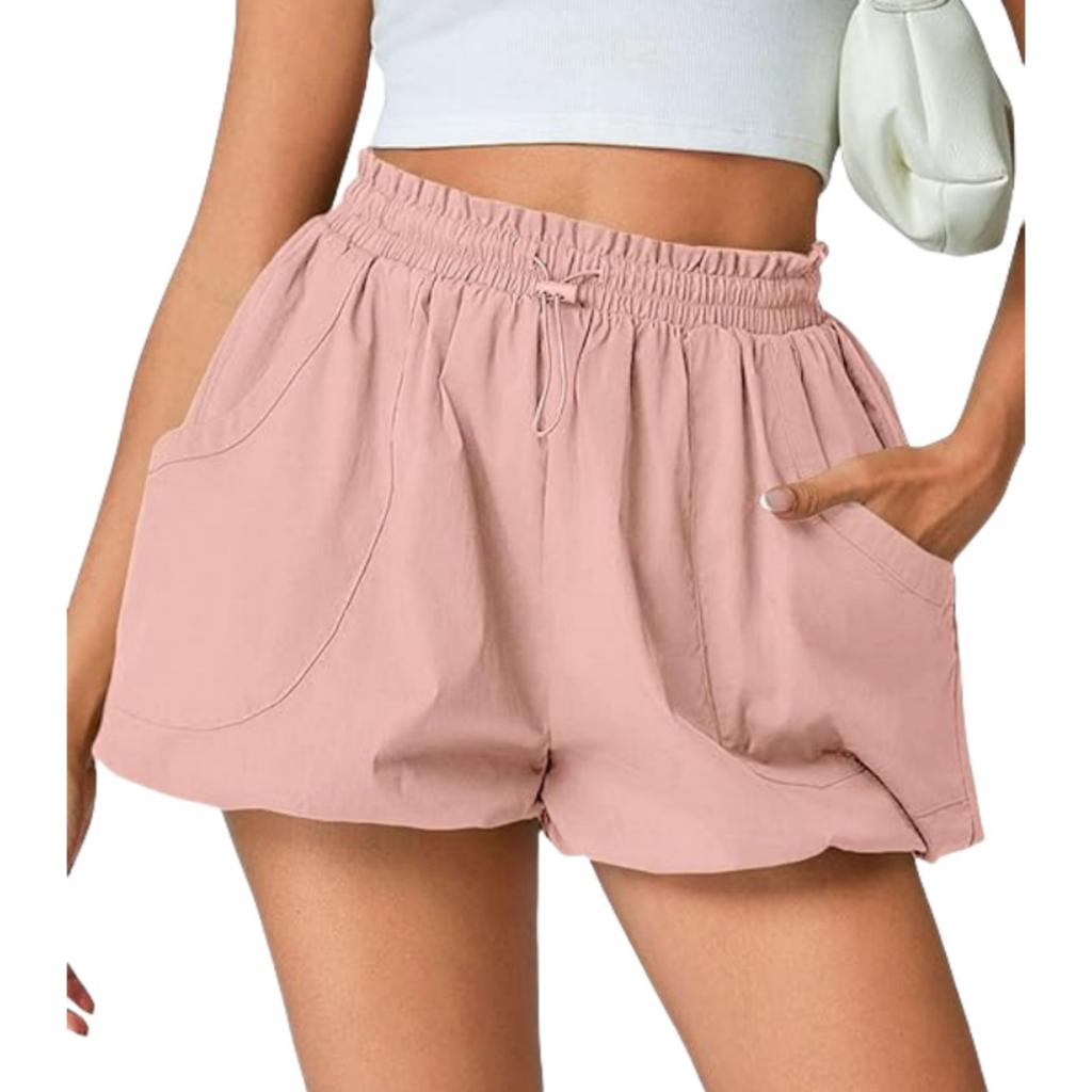 Women's Casual Bubble Shorts Elastic Waistband Lightweight Summer Shorts with Pockets Relaxed Fit Pleated Design