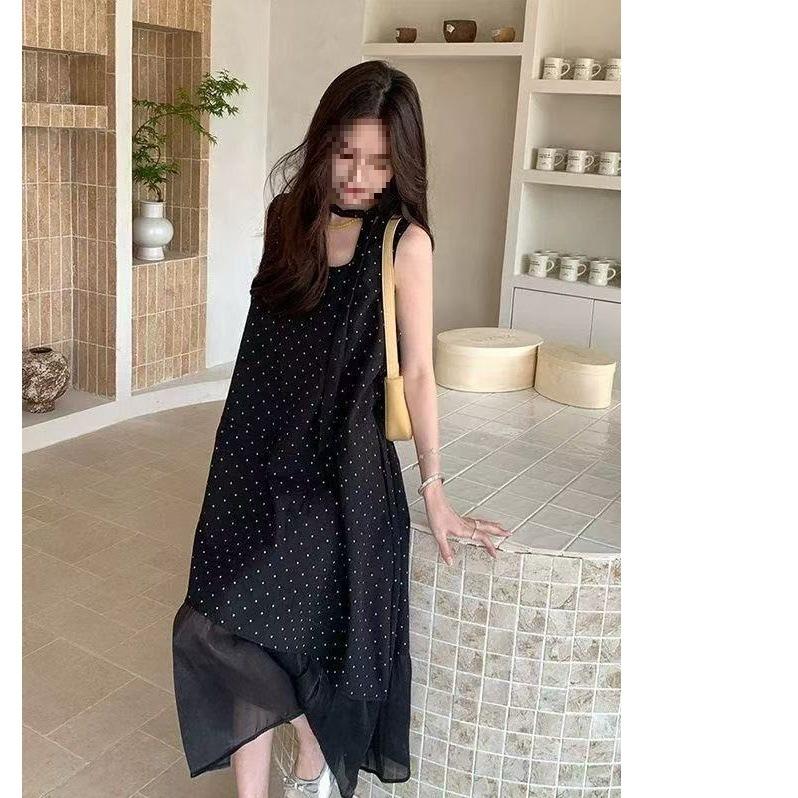 Temperament French Polka Dot Splicing Irregular Splicing Dress New Summer Design Sleeveless Long Women's Dress..