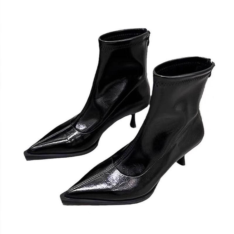 High-heeled Pointed Short Boots Women's Thin-heeled Back Zipper 2025 New Autumn and Winter Black Patent Leather Premium Thin Boots