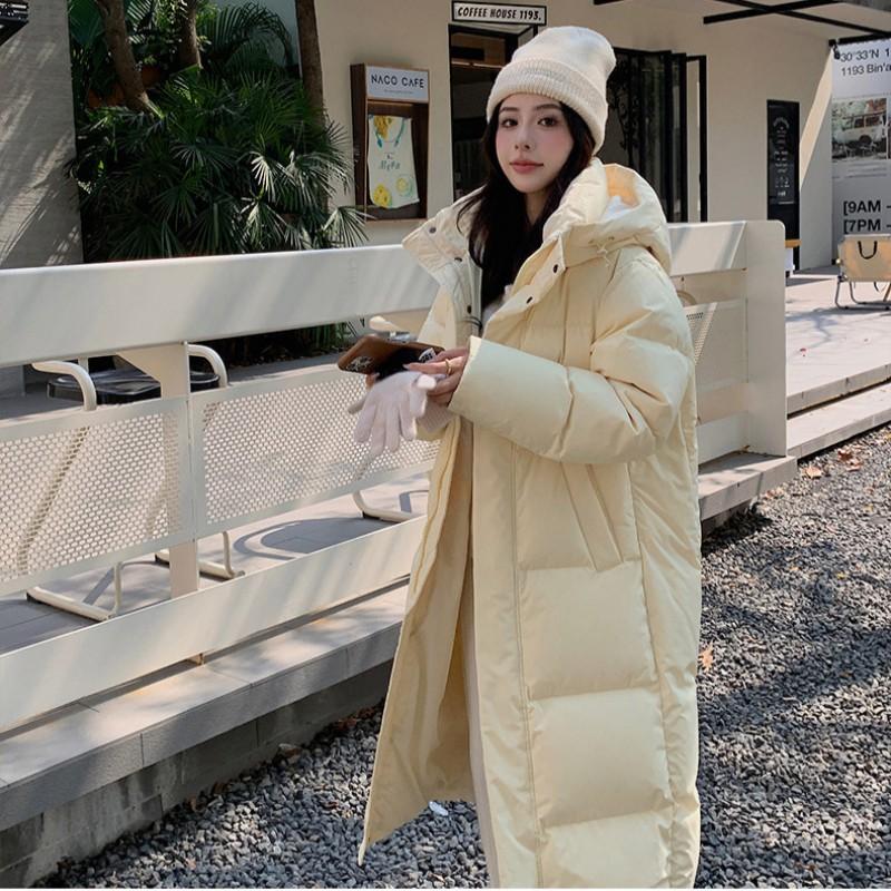 Womens Long Puffer Coat 90% White Duck Down 300g Fill Warm Loose Fit Hooded Winter Jacket Daily Commute