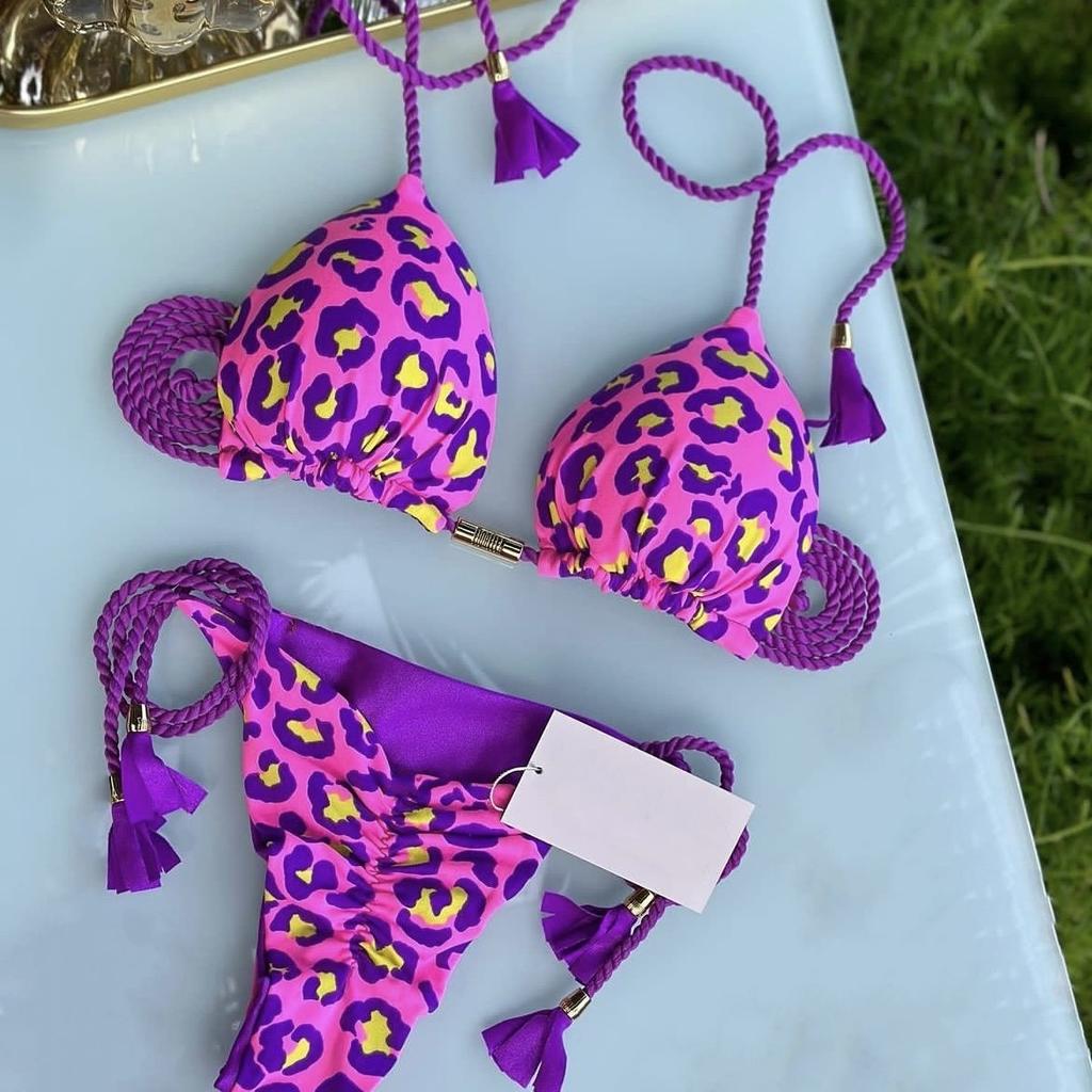 Seksowny Kostium Kąpielowy Bikini z Panterką i Wiązaniami Zestaw Trójkątny Kostium Kąpielowy Kostium Kąpielowy Push-Up Zestaw Bikini z Wiązaniami na Plaży Letni Strój Plażowy Kostium Kąpielowy Stringi