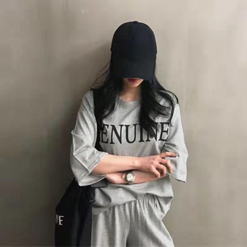 Plus Size Ladies Suit Letter Loose Short Sleeve T-Shirt Wide Leg Pants Two Piece Casual Sports Suit Athletic Girl Jogging Suits Track Suit