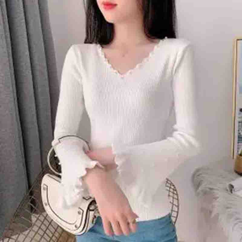 Knitwear Women's V-neck Long-sleeved Sweater Women's Outer Wear Beaded Fashion Casual Pullover Bottoming Shirt