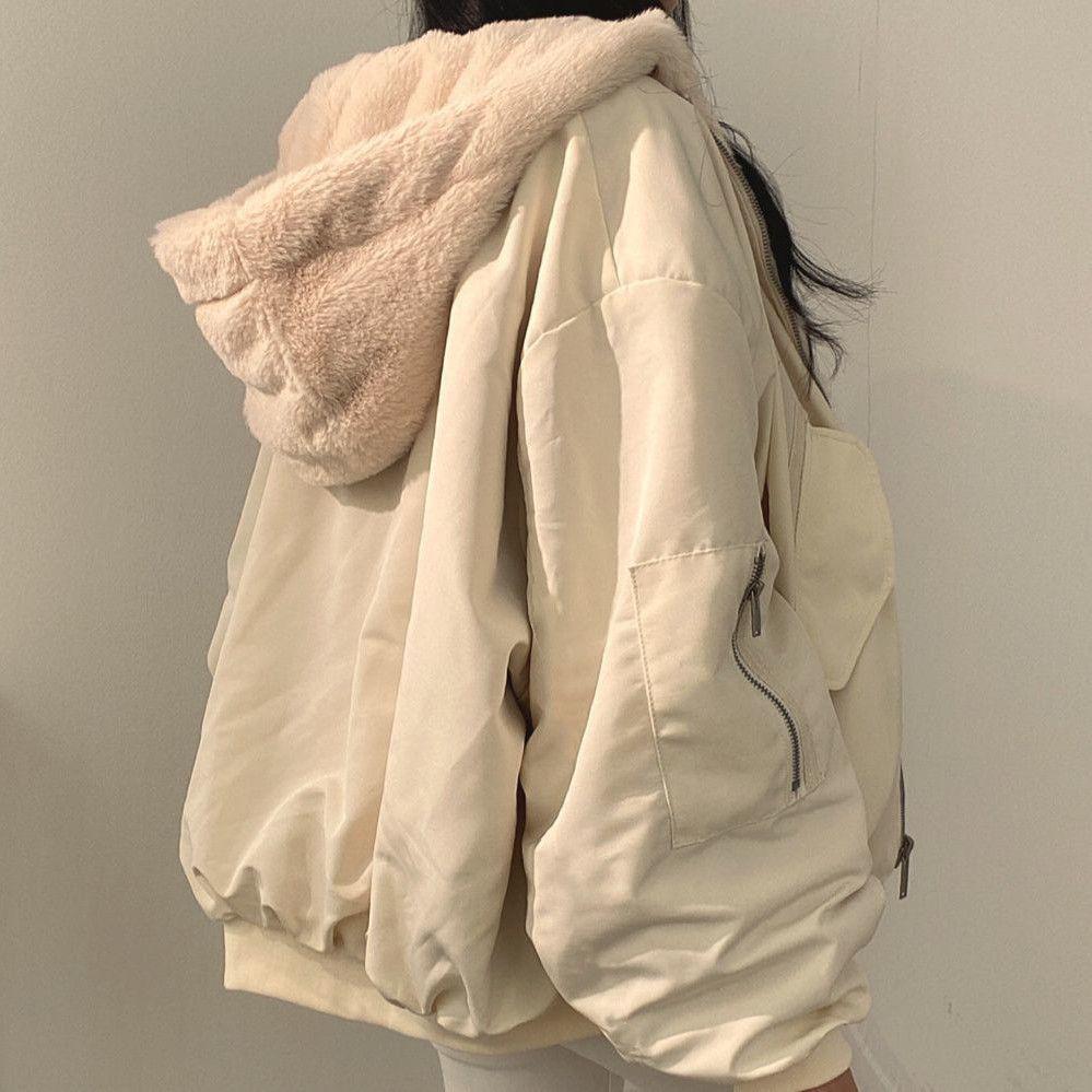 Women's Korean Style Reversible Plush Velvet Thickened Hooded Winter Jacket