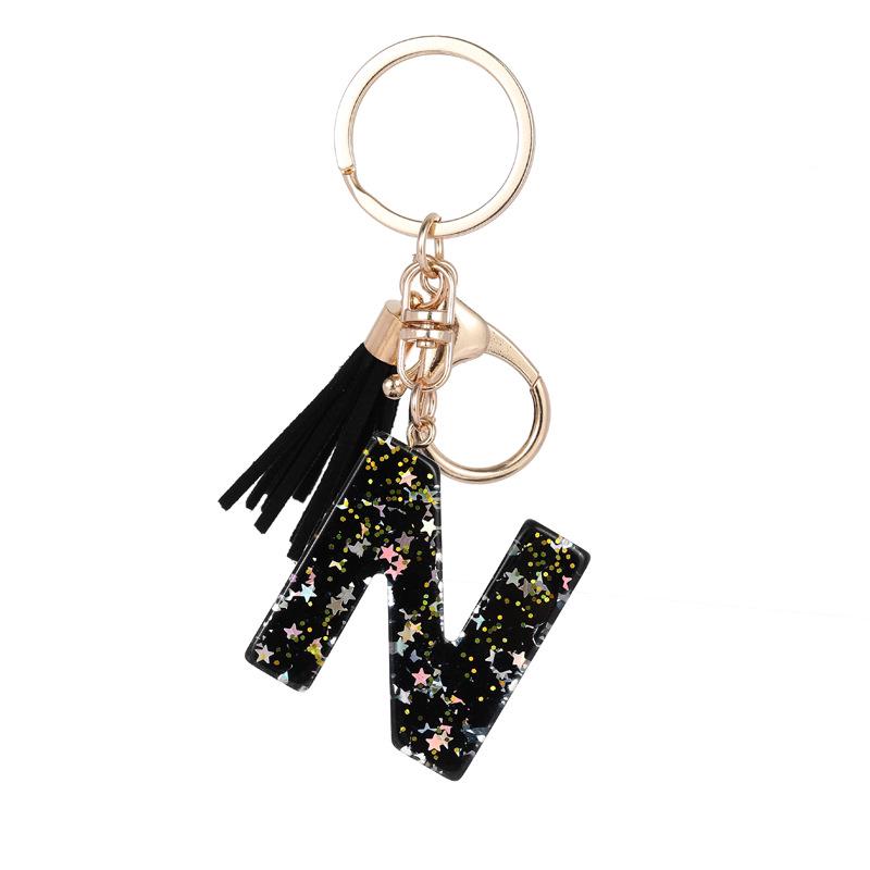 Black Resin Keychain with English Letter Pendant and Tassel