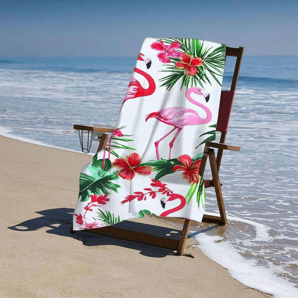 Pink Flamingo Beach Towel, Tropical Flamingo & Hibiscus Print Oversized Bath Towel, Soft Quick Dry Summer Beach Blanket 1pcs