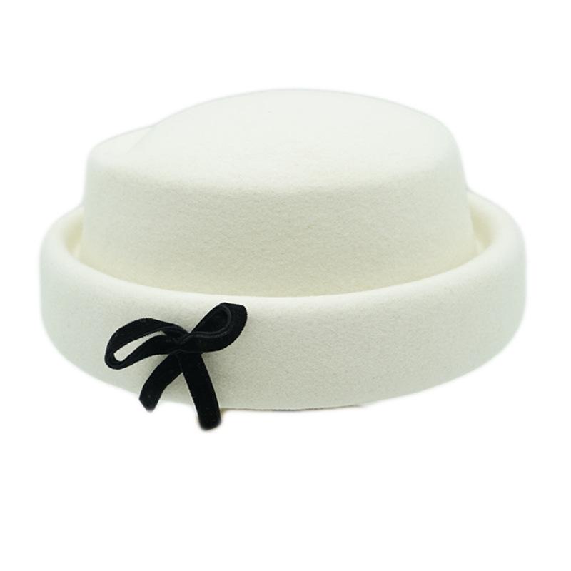 White Elegant Bow Curled Wool Woolen Top Hat Female Autumn And Winter Warm Japanese Felt Cute Versatile Socialite