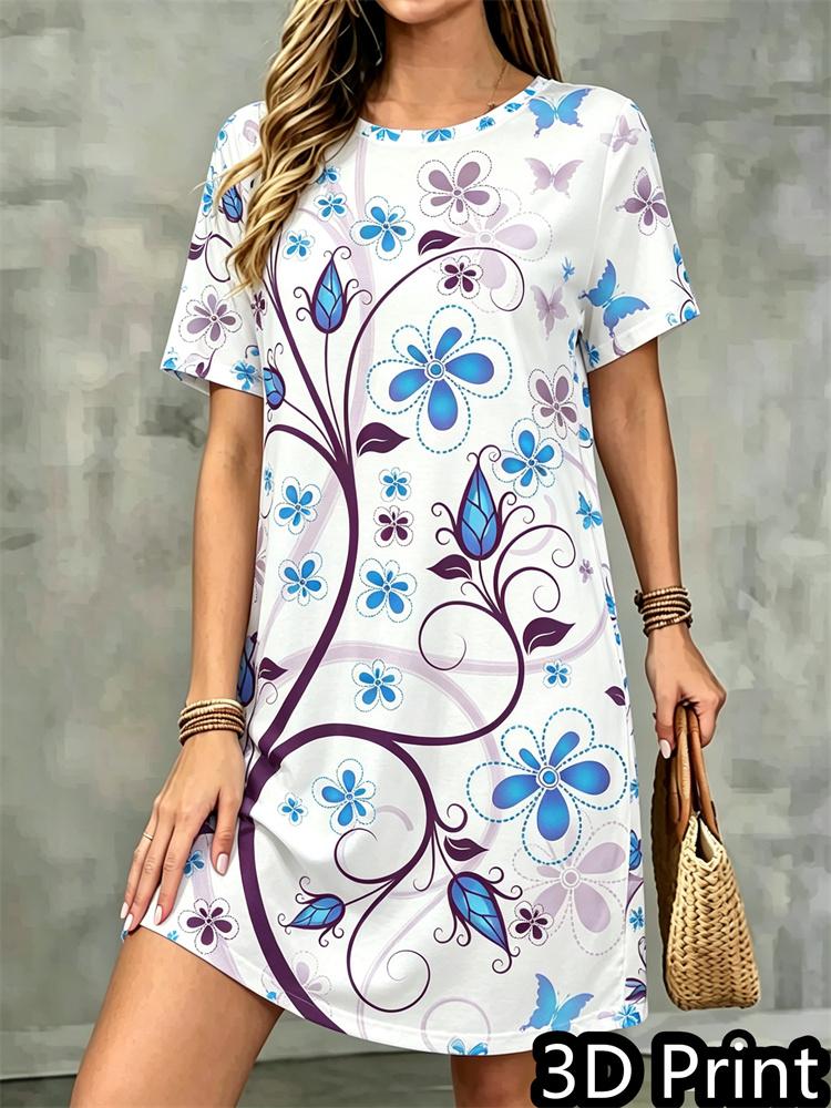 Fashion 3D Floral Print Summer Dress Loose Casual Short Sleeve O-Neck Mini Dress