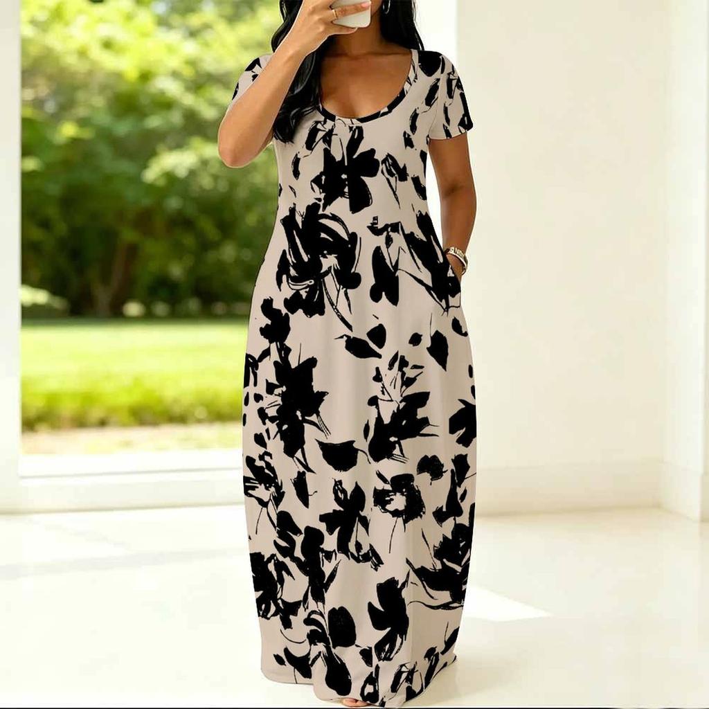 Women Loose Fitting Round Neck Dress Short Sleeve Plus Size Apparel For Summer Casual Daily Activities