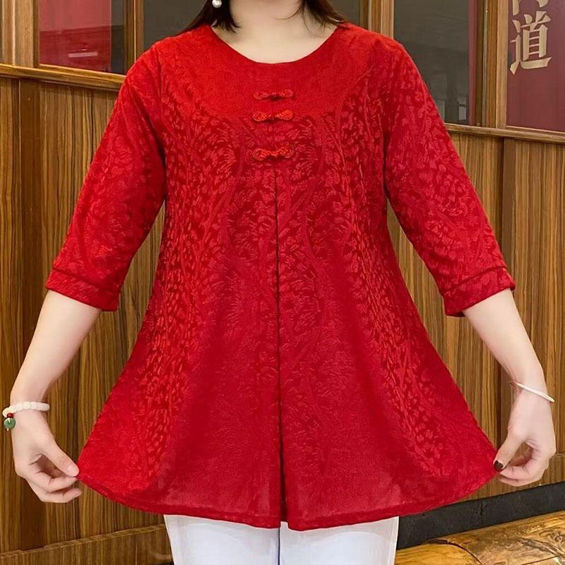 Summer Women's Round Neck Jacquard Blouse Loose Half Sleeves Pullover Plus Size Blouse