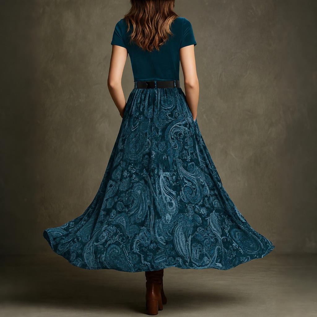 Women Vintage Velvet Patchwork Elegant Style Belted Waist Flared Long Dress Maxi Dress with Belt Casual Boho Style