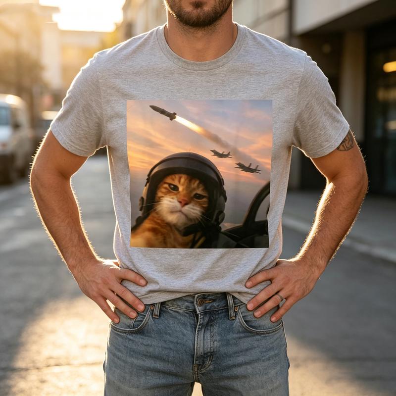 Lustiges Pilotenkatzen-T-Shirt Jet-Jäger Hintergrunddruck Unisex Unisex Baumwolle Kurzarm Streetwear Übergroßes T-Shirt Y2k