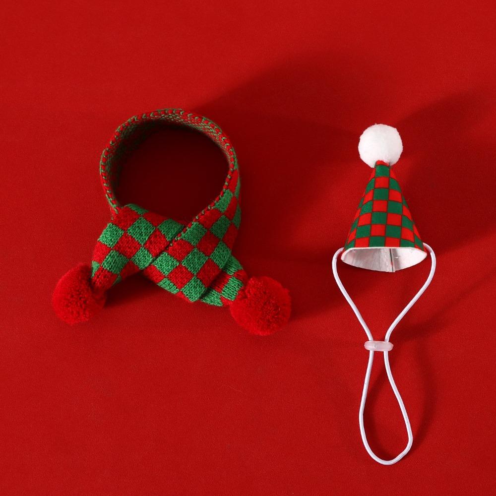 Pet Christmas Set Hat Scarf Cat Dog Plaid Snowflake Yarn Scarf Scarf Fur Ball Hat Headband Pet Dress Up for New Year Festivals