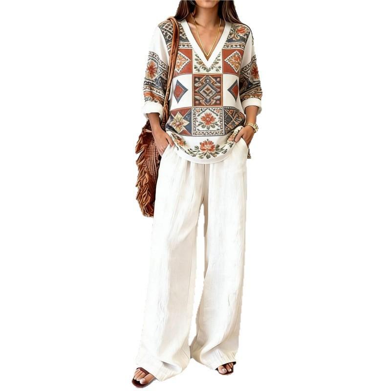1116 Bohemian Print Cotton and Linen Shirt Wide-leg Pants Two-piece Set, Vacation Casual Suit Women Y1