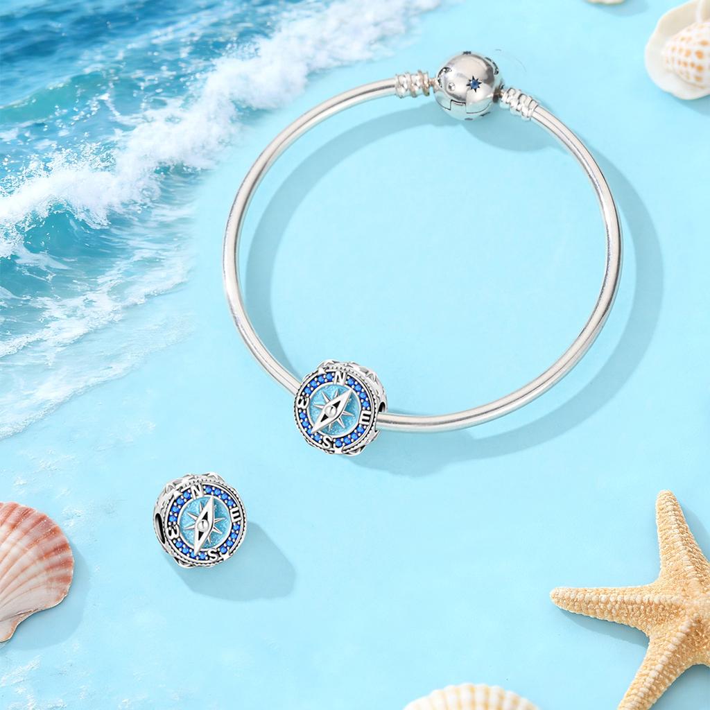 Blue Compass Charm Bead 925 Silver Fit 3mm Original Bracelets Necklace Women's Jewelry Accessories DIY