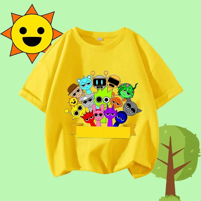 Cartoon Sprunki Character Printed Kids T-shirt Pure Cotton Short-sleeved White Top Cartoon Children's Clothing for Boys