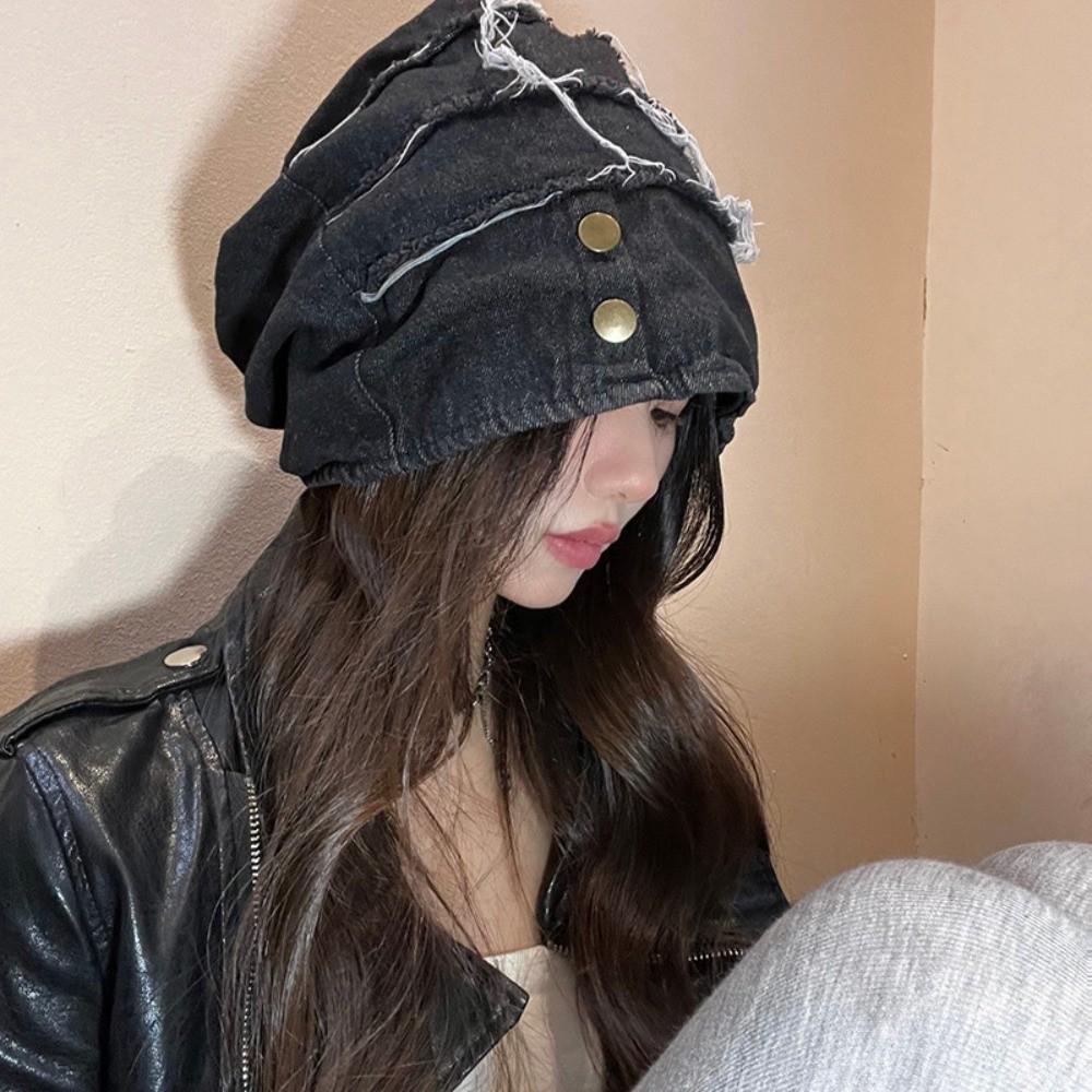 Button Distress Denim Pullover Cap Korean Style Loose Beret Fashion Washed Denim Beanie  Streetwear