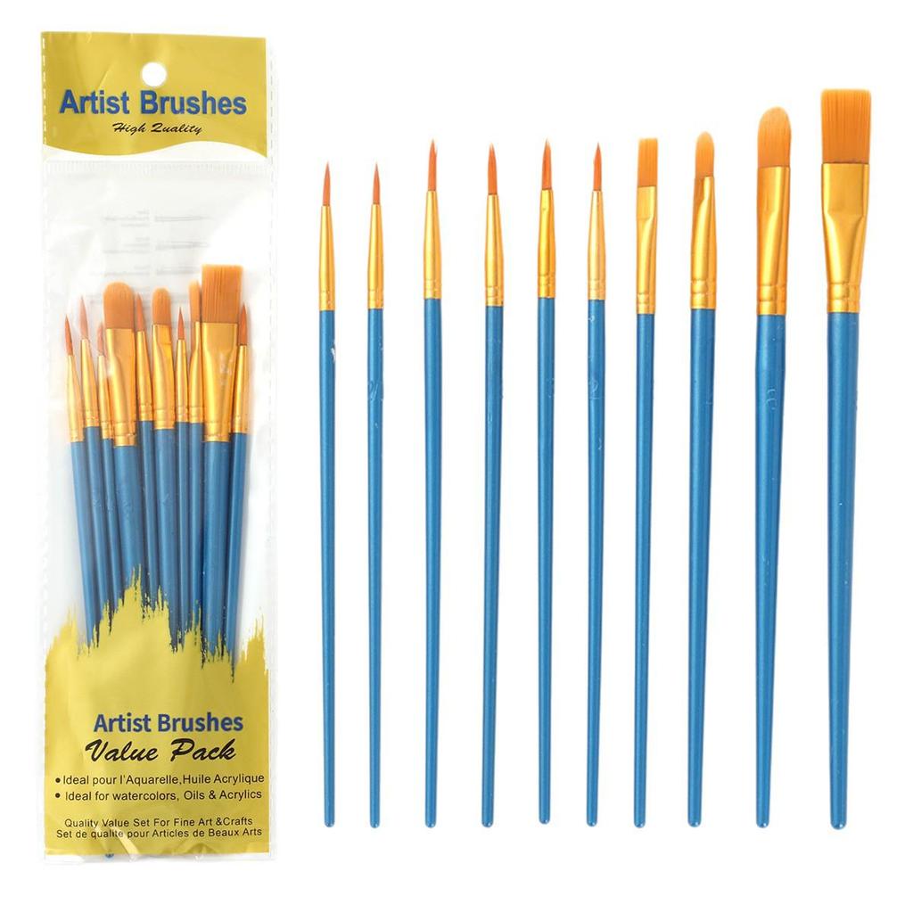 Juego de diez pinceles de pintura de pelo de nylon con mangos de plástico para pintura al óleo, acuarela y gouache