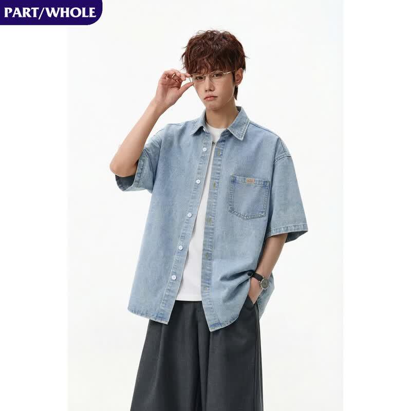 Men s Vintage Washed Denim Short Sleeve Shirt L