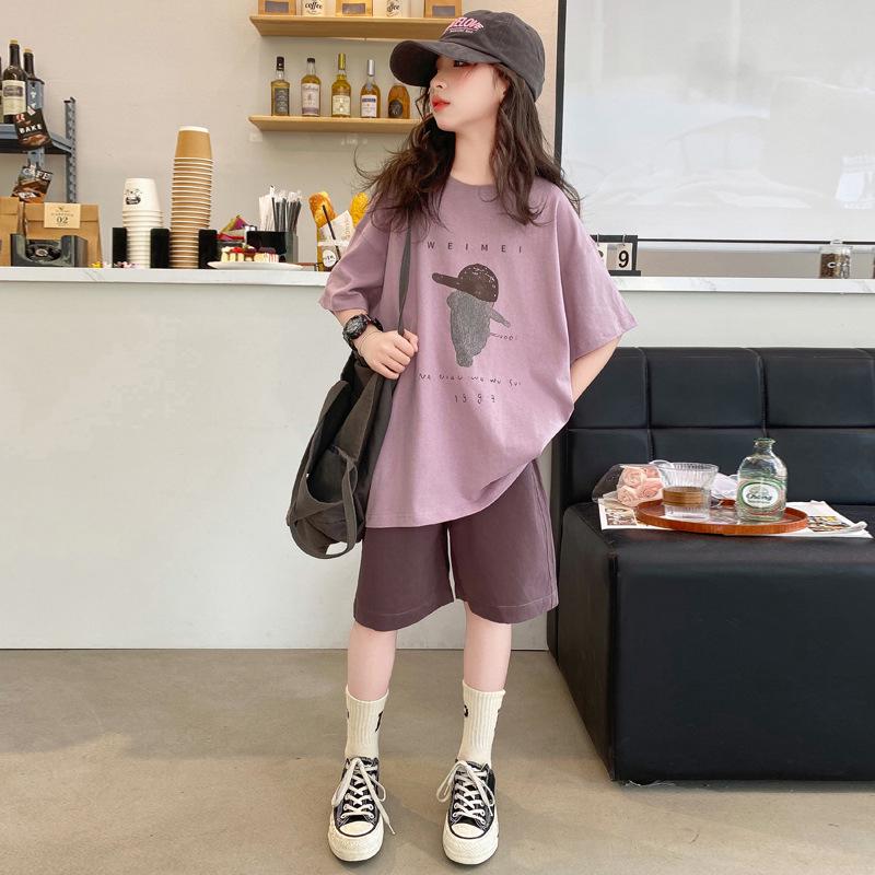 Chic 2024 Girls  Sporty Two-Piece Summer Set: Short-Sleeve Casual Outfit for Big Kids 140cm (Recommended Height 125-135cm)