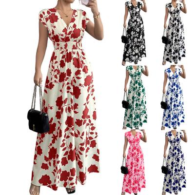 Women's Summer Fashionable Floral Print V-neck Long Dress, Summer Waist Cinching Dress