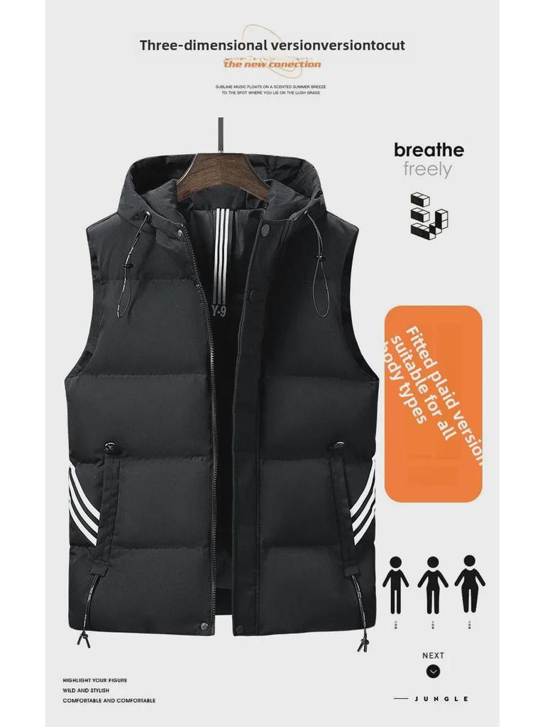 Pánská zimní vesta s kapucí slim fit - Velká velikost, mladistvý styl, všestranná vesta s designem tří pruhů.