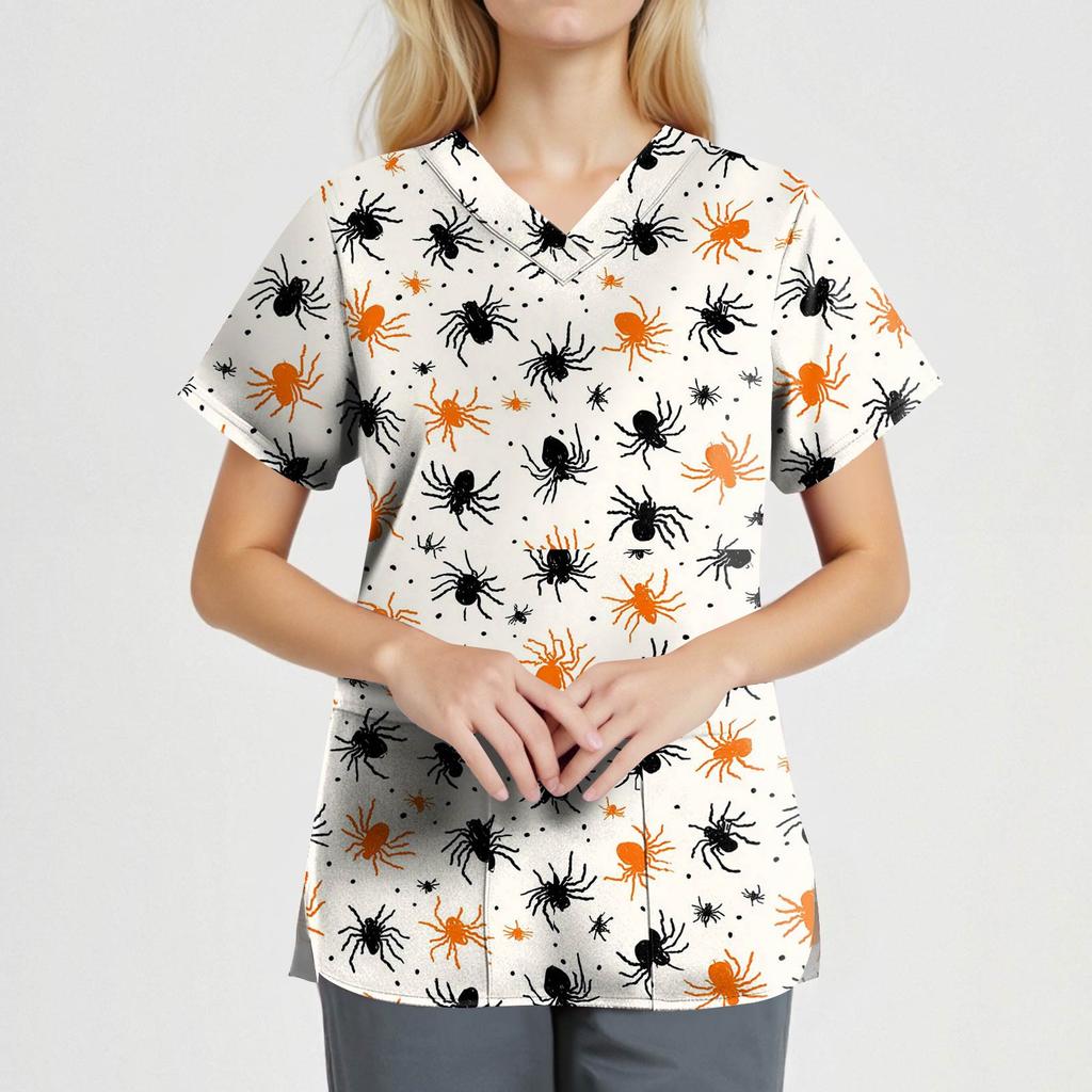 Women's Fashion V-Neck Short Sleeve Overalls With Pockets Halloween Printed Tops  Apparel