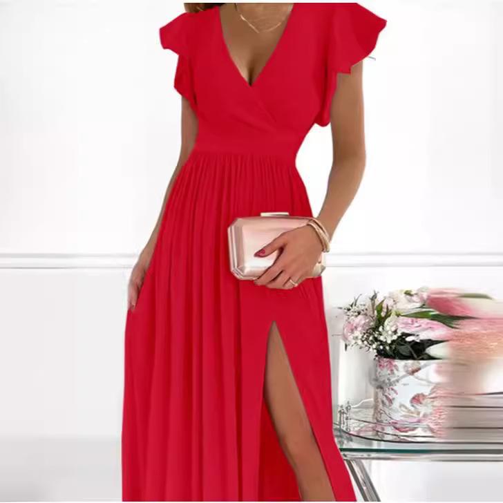 Elegant European & American V-Neck Long Split Waist Dress