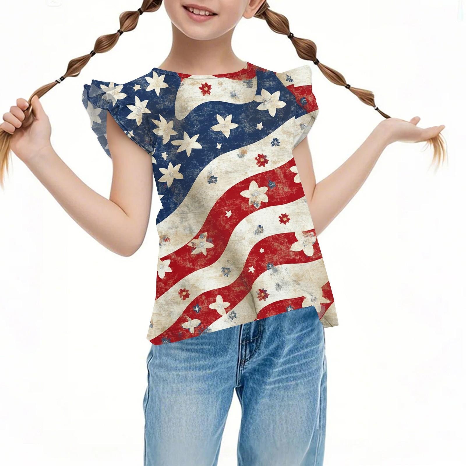 Children s Casual Short-Sleeved Pleated Cute Independence Day Printed Round-Neck Top 150