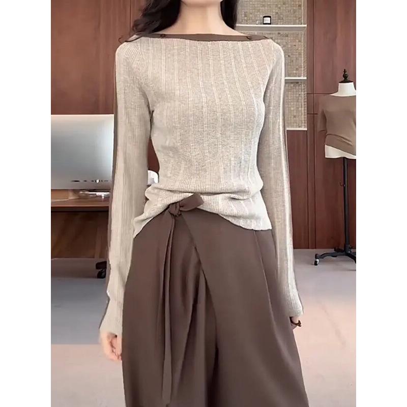 

Korean Style One-Shoulder Color Block Long Sleeve Top for Plus Size Women – Slimming, Age-Reducing, Spring/Autumn Fashion 2XL (For 70-80 kg) легкие хаки