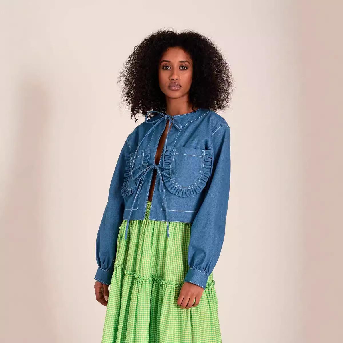 

IHUASU Джинсовая куртка, свободный покрой и длинные рукава для женщин в уличном стиле на осень и зиму XL синий