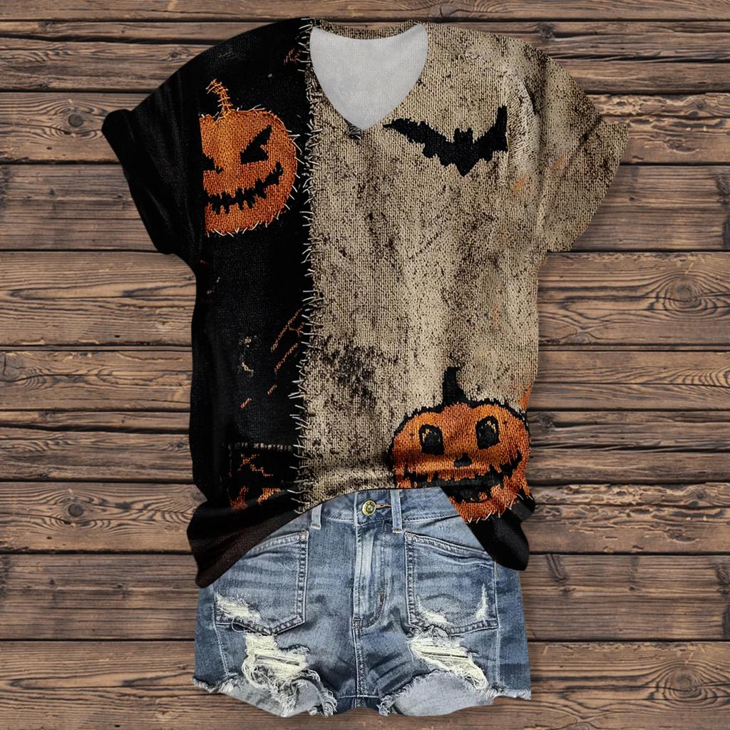 Women's Fashion Casual Three-quarter Sleeve Halloween Letters,  Face Print Top