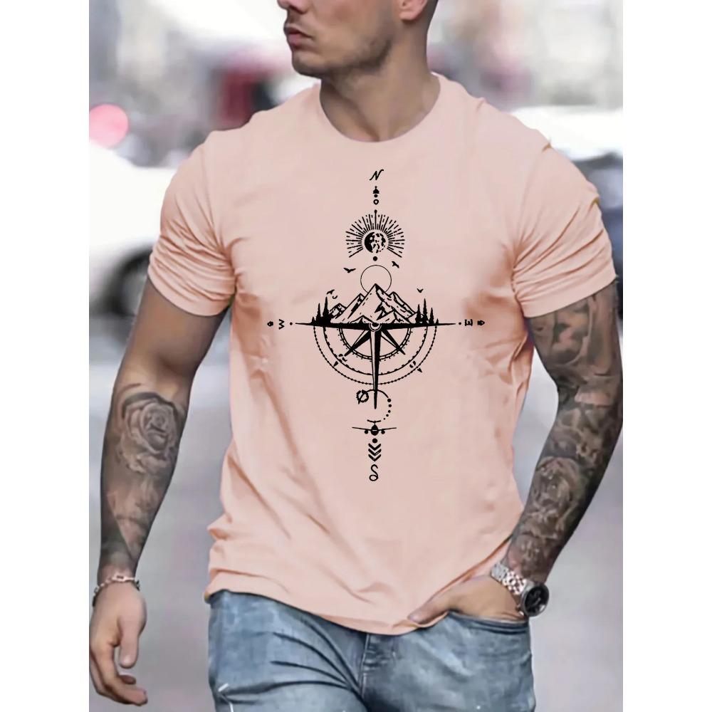 Men's summer 100 cotton fashionable casual sports loose mountain and compass pattern printed round neck short sleeved T-shirt