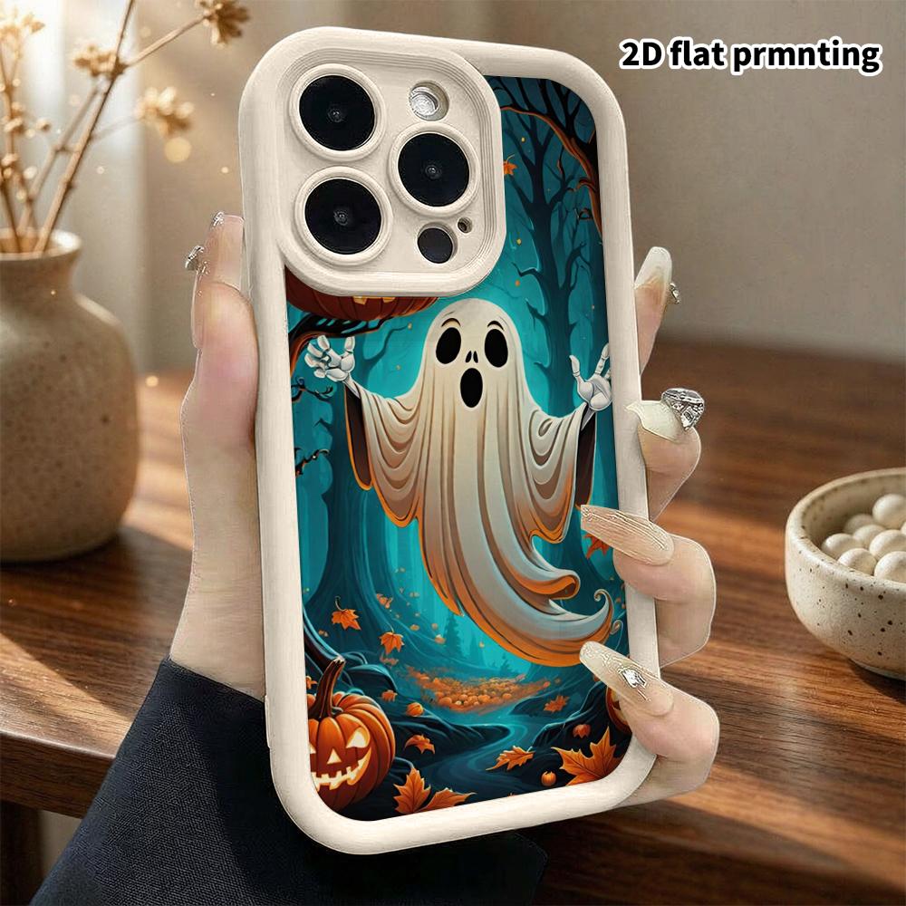 Phone Case: 2D Flat Design Suitable for iPhone 18 17 16 15 14 13 Pro Stepped Protective Case, Forest Quirky Ghost, Halloween Gift
