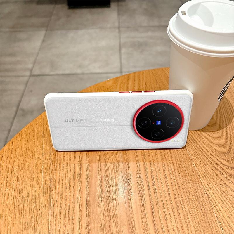 Plain Leather Middle Stitching Style Red Heightened Lens Ring Case For VIVO X200 Ultra X200s X200 Pro Mini X200 Pro Slim Cover