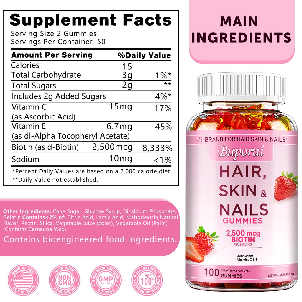 Ricco di estratti di vitamina C ed E, contenente 2500 microgrammi, biotina ed estratti di collagene, adatto agli adulti