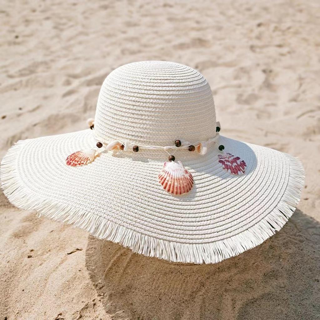 Hairbeard Shell Straw Hat Women's Summer Sunscreen Big Eaves Hat Anti UV Sun Hat Outdoor Travel Sunshade Hat Beach Hat