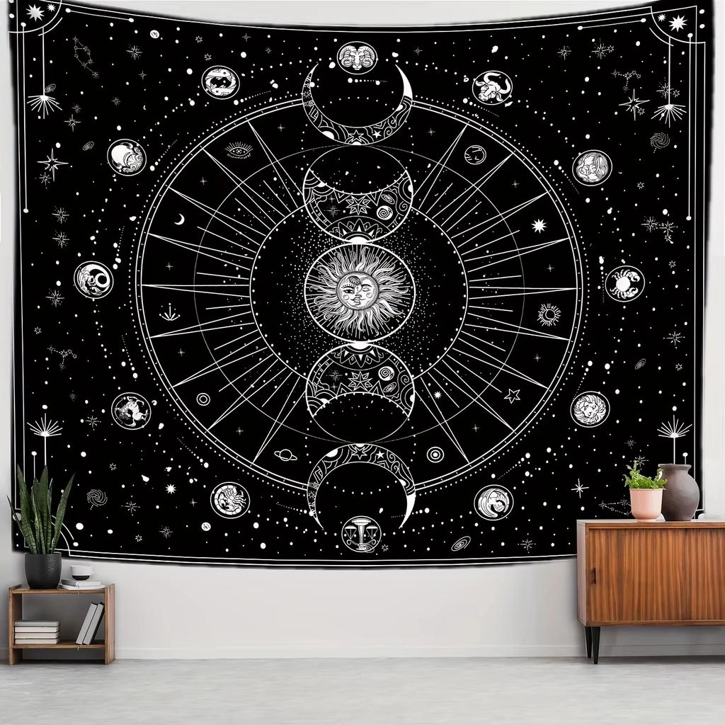 VIKAMA Sonnengott und Mondgöttin Wandteppich Schwarz und Weiß Mystische Astrologische Hängedekoration Bohème Stil Schlafzimmer Wanddekoration