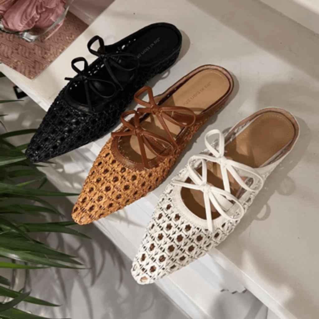 Xiaoxiangfeng woven breathable half slippers heightened flat-soled Muller shoes 2025 summer new bow hollow one-word drag