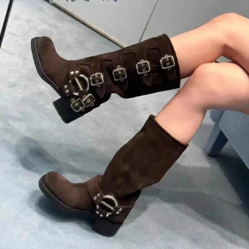 Soleist Luxury Women's Shoes High Quality Chunky Heel Buckle Vintage Motorcycle Boots Knee High Boots for Women Handmade Platform Boots