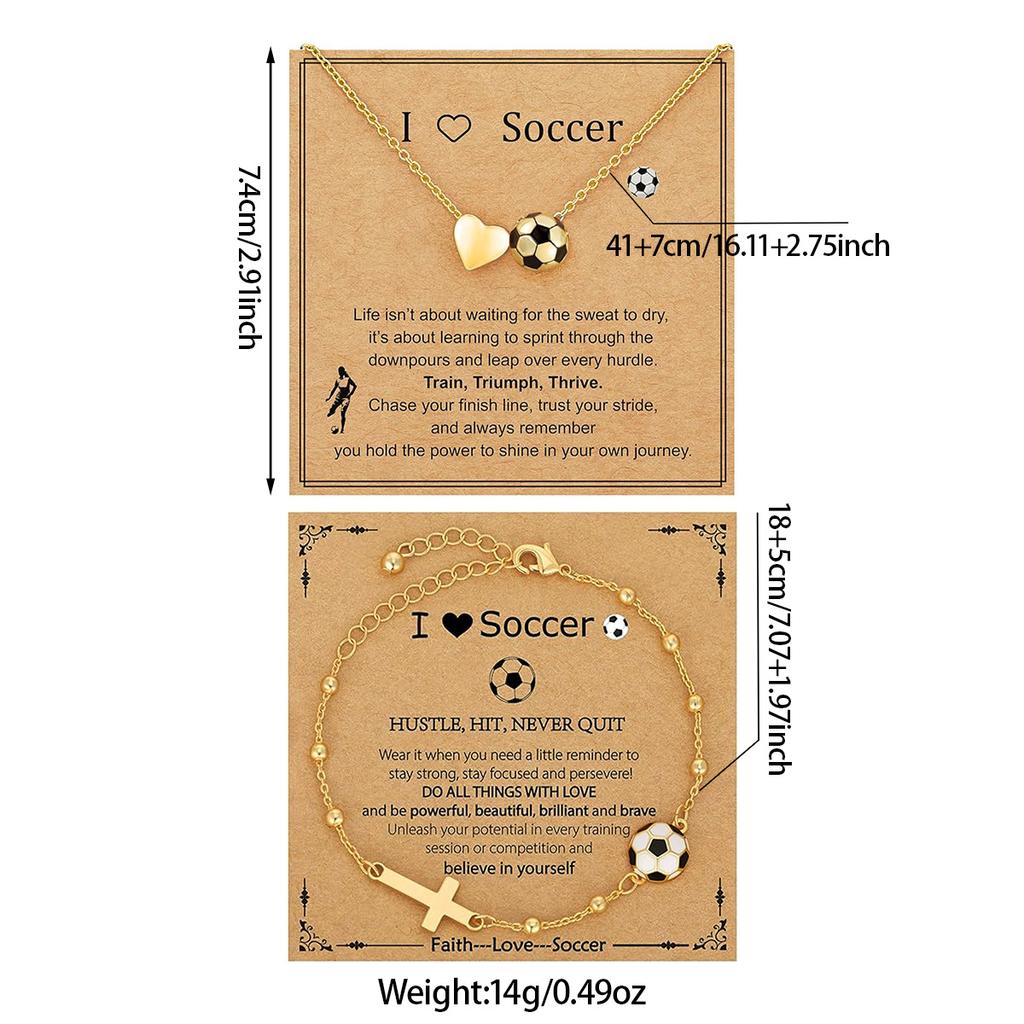 Football Love Heart Necklace & Cross Bracelet Set, Niche Designed Layered Clavicle Chain, Sporty Style Versatile Jewelry
