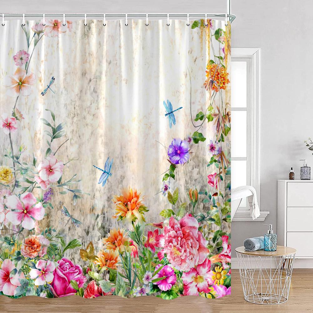 

Watercolor Colorful Flowers Shower Curtains Seaside Landscape Garden Floral Polyester Fabric Bathroom Curtain Bath Decorations W60H190(CM)-1 Pcs