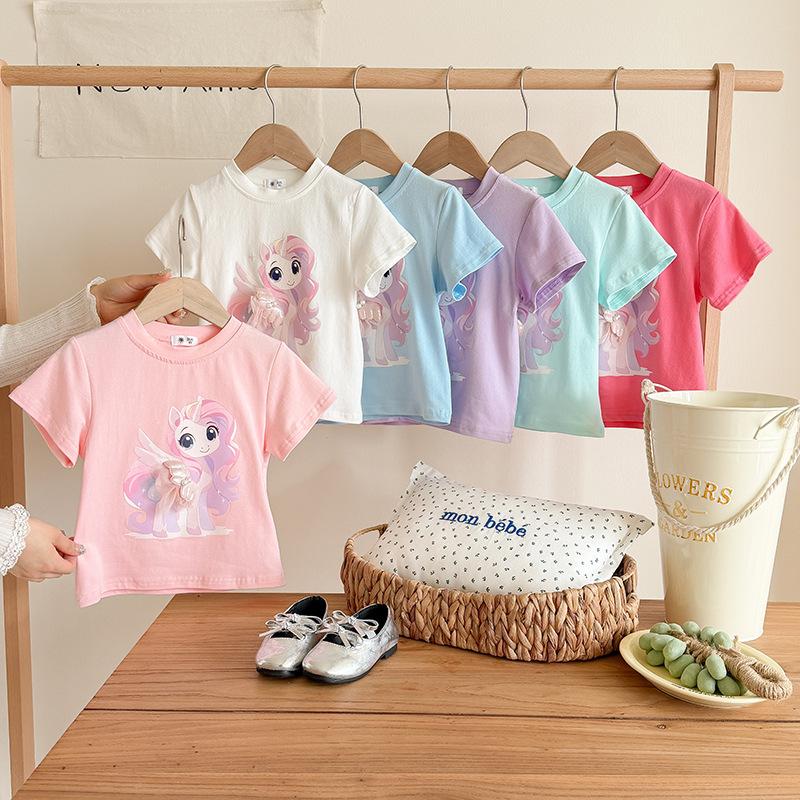 Girls' Casual Cotton Short-sleeved T-shirt, Summer Children's Cute Little Horse Printed T-shirt